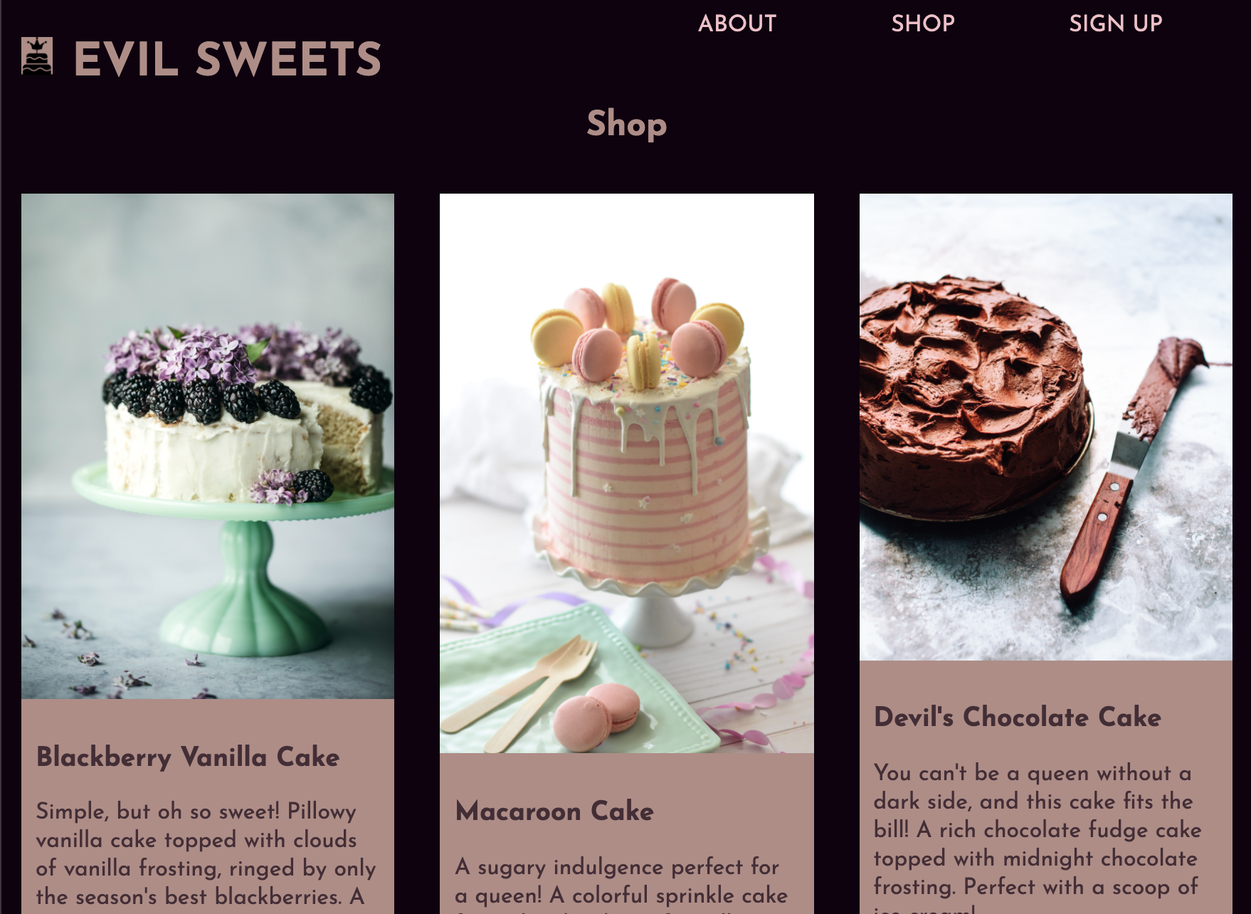 A screenshot of a bakery website with cakes available for purchase.